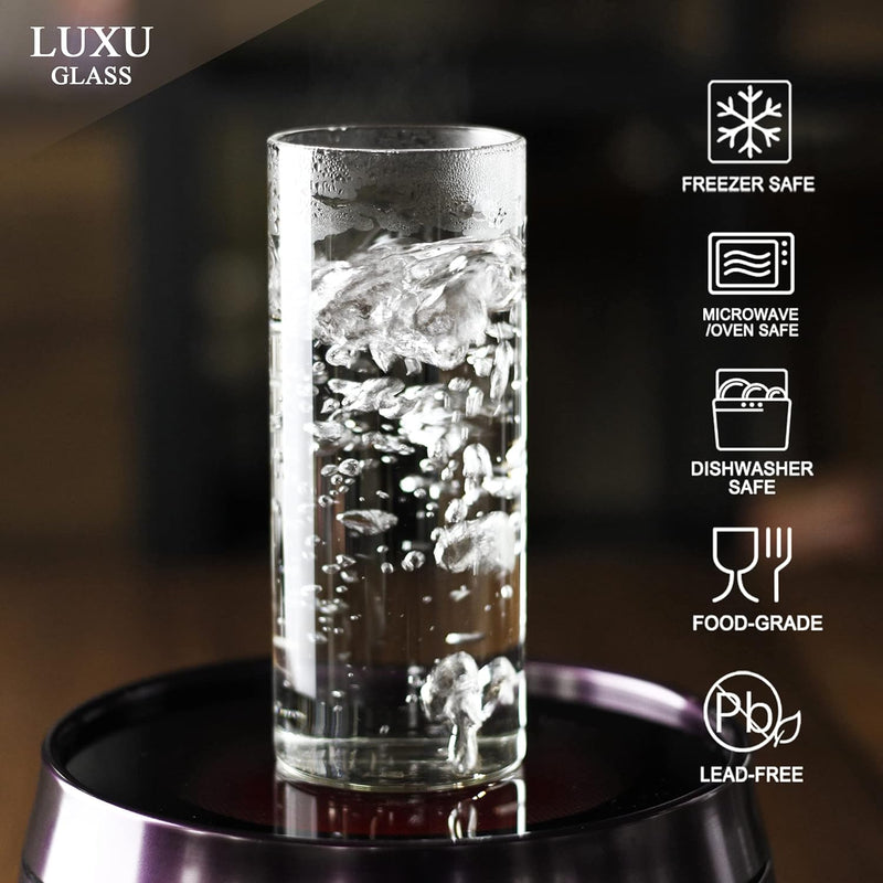 LUXU Drinking Glasses 12 oz, Thin Highball Glasses Set of 4,Elegant Bar Glassware For Water, Juice, Beer, Drinks, and Cocktails and Mixed Drinks,Lead-Free Pint Glasses,Glass Drink Tumblers