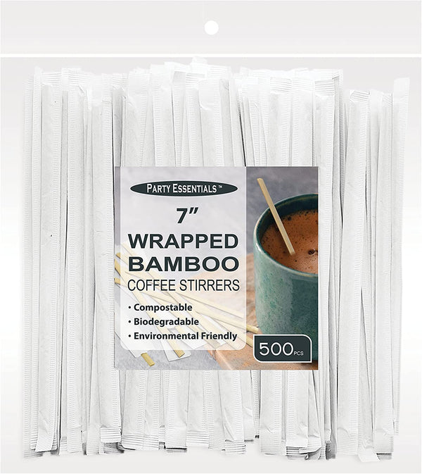 Party Essentials Bamboo Coffee Stirrers/Beverage Stir Sticks, 7" Individually Wrapped, 500-Count, Natural