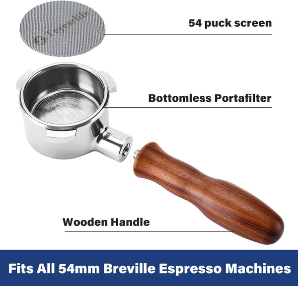 Teyearlife 54mm Bottomless Portafilter,Replacement for Breville Portafilter,Made of Stainless Steel and Solid Wood.Portafilter Bottomless Helps Diagnose Espresso Issues.It's a Good 54mm Portafilter.