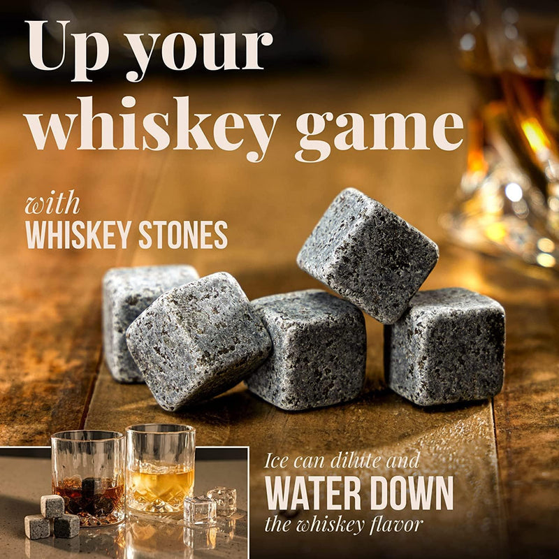 Mixology & Craft Whiskey Stones - Cube-Shaped Granite Chilling Whiskey Rocks Set of 6, Whiskey Gifts for Men and Christmas Stocking Stuffers - Dark Granite