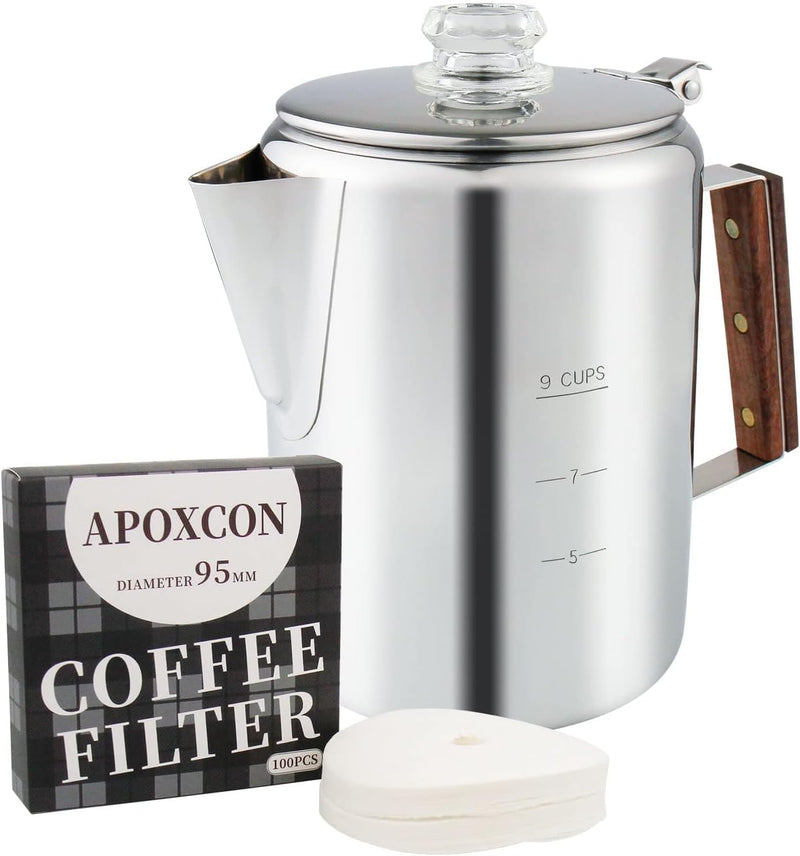 APOXCON Coffee Percolator, Camping Coffee Pot 9 Cups Stainless Steel Coffee Maker with Clear Top Glass Knob, Percolator Coffee Pot for Campfire or Stovetop Coffee Making Outdoor Traveling Fast Brew