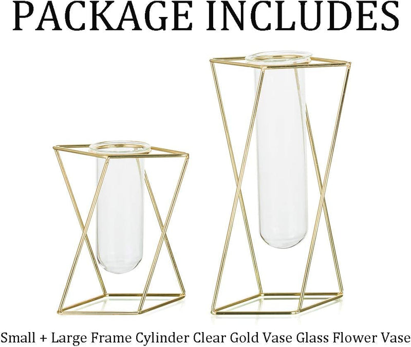 Modern Frame Cylinder Vases - Gold Glass Set of 2 with Geometric Metal Stand - HomeOfficeWedding