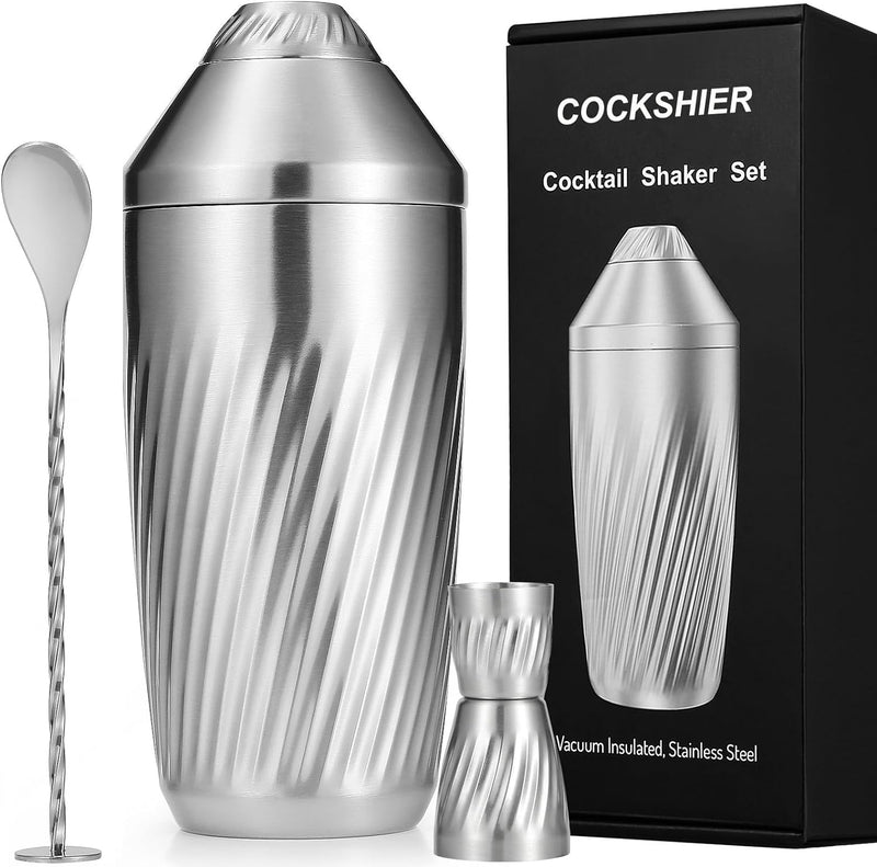 Cocktail Shaker Bar Set - Innovative Premium Vacuum Insulated Stainless Steel Drink Shaker Double Wall Margarita Mixer Jigger & Mixing Spoon Set - Martini Shaker for Home Bartender - 28oz