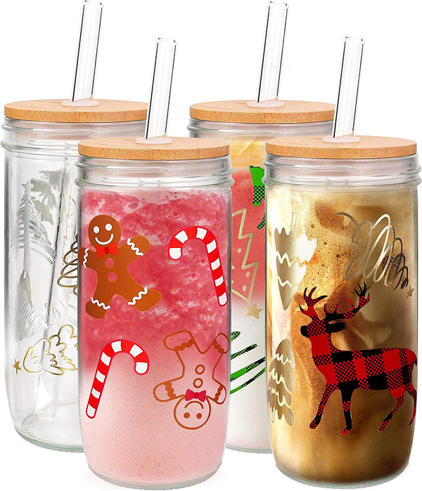 ANOTION Christmas Cups, 24oz Colored Christmas Mugs Mason Jars Glass Cups with Lid and Straw Christmas Tumbler Drinking Glasses Coffee Cups Cookie Jar Glassware Xmas Decorations Gifts for Women Men