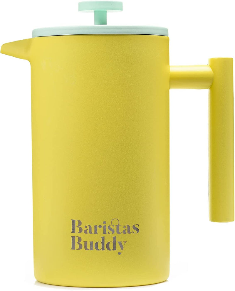 BaristasBuddy Yellow French Press Coffee Maker - Colorful, Retro And Stylish Insulated Coffee Brewer - Large Size Brews 4 Cups