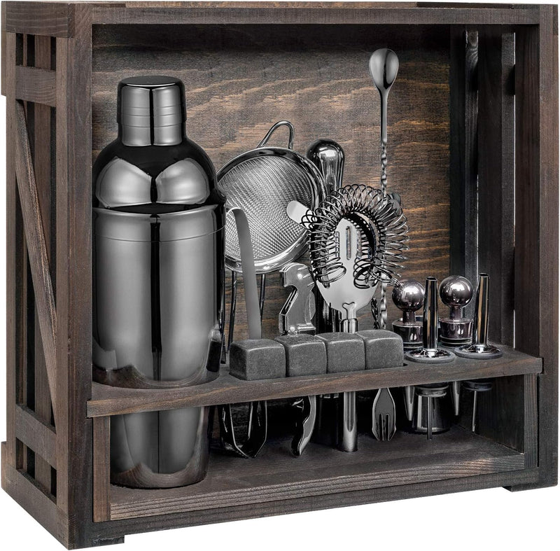 Oyydecor 18 Piece Cocktail Shaker Set with Rustic Pine Stand, Gifts for Men Dad Grandpa,Stainless Steel Bartender Kit Bar Tools Set, Home, Bars, Parties and Traveling (Silver)