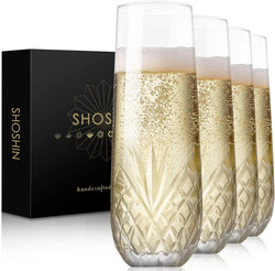 SHOSHIN Stemless Champagne Flutes, Hand Made, Set of 4, Toasting champagne glasses, Wedding Party Cocktail Cups, Wine Flute, Mimosa Glasses Set, Water Glasses, Highball Glass, 9.5oz