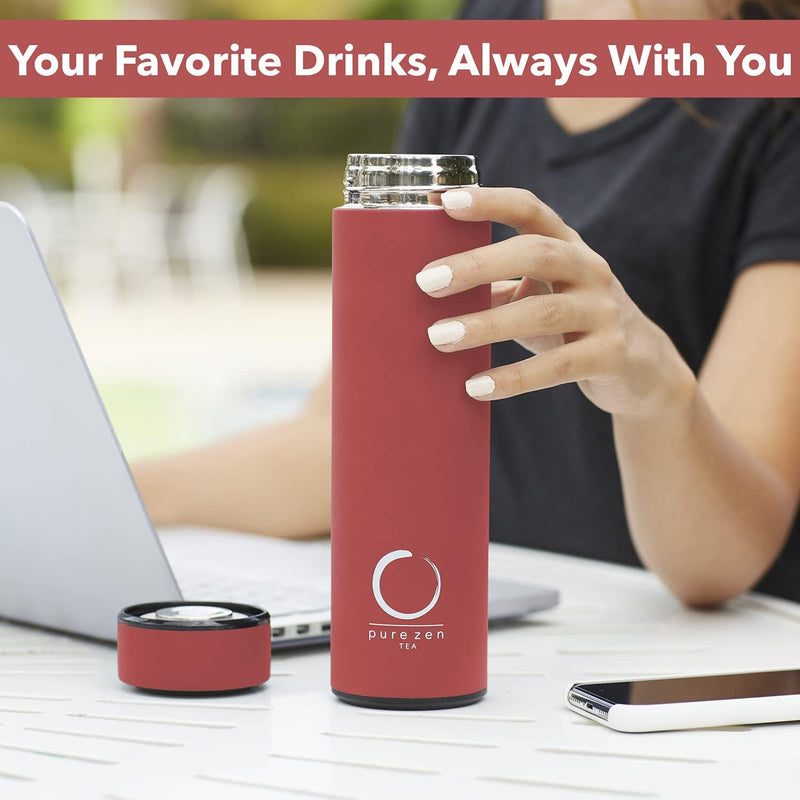 Pure Zen Insulated Tea Thermos with Infuser - for Tea, Coffee and Fruit-Infused Water - Portable Travel Tea Mug with Infuser and Lid - Unique Gifts for Women - 15oz Tea Bottle Red