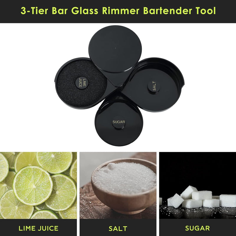 MAOPINER 3-Tier Bar Glass Rimmer Bartender Tool with Sponge, 3-Tray Black Plastic Glass Rimming Sugar Lime Juice Salt Glass Rimmer Tray for Cocktails Margaritas Bloody Marys and Gimlets