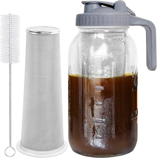 Cold Brew Coffee Maker Jar - 64oz Thick Glass Multipurpose Mason Pitcher Spout Lid with Handle & Stainless Steel Filter for Iced Coffee, Lemonade, Ice Tea, Homemade Fruit Drinks Container