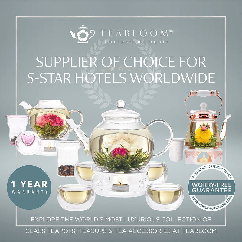 Teabloom Princess of Monaco Teapot & Blooming Tea Gift Set (6 Pieces) - Borosilicate Glass Teapot (34 oz / 1000 ml / 3-4 Cups), Porcelain Lid, Tea Warmer + Candle, Loose Tea Infuser, 2 Flowering Teas