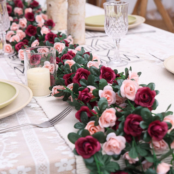 8Pcs Fake Rose Vine Flower Garland - Red - Hanging Decor for Room Wedding Garden - 656 Ft
