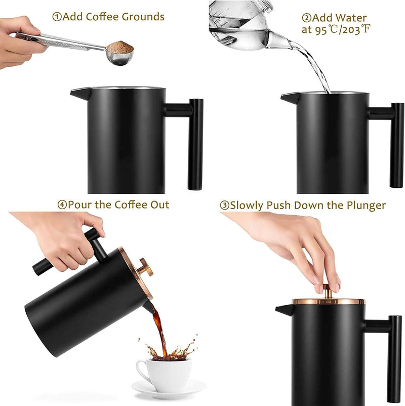 Miuly Large Coffee Press 34oz,Double Wall Insulated Black Stainless Steel French Press with Rose Gold Lid 2 Extra Filter and Coaster Mat(34oz, Black)