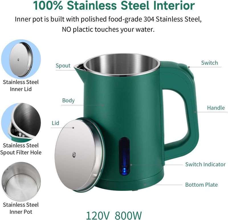 Small Electric Tea Kettle Stainless Steel, 0.8L Portable Mini Hot Water Boiler Heater, Travel Electric Coffee Kettle with Auto Shut-Off & Boil Dry Protection (Green)