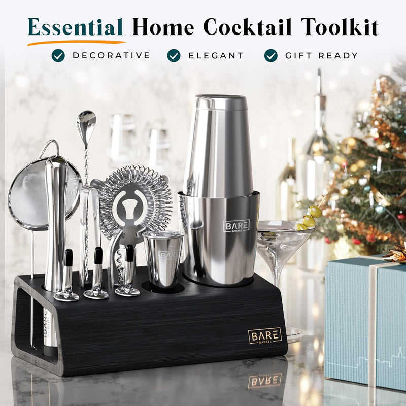 Pro Mixology Bartender Set Bar Kit | 14-Piece Boston Cocktail Shaker Set | Professional Barware Mixing Tools for Home Bartending | Bamboo Stand Recipe Cards | Gift Set for Him & Her (Silver Black)