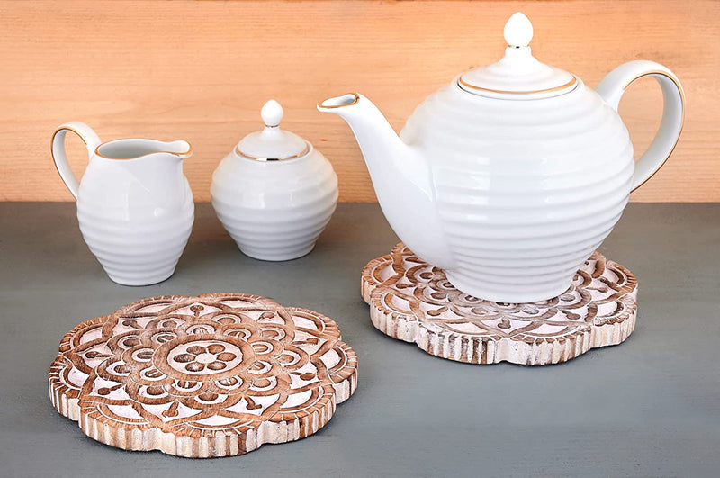 Set of 2 Wooden Trivets for Hot Dishes Pots and Pans Tea Pot Holders Nonslip Heat Resistant Kitchen Counter Accessories 8" Diameter Mandala Design (Design 1)