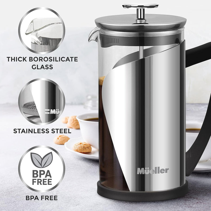 Mueller French Press Coffee, 20% Heavier Duty Stainless Steel Frame & Trumax Borosilicate Glass Coffee Press with 4 Level Filtration System, Easy Clean, 34oz-8 cups