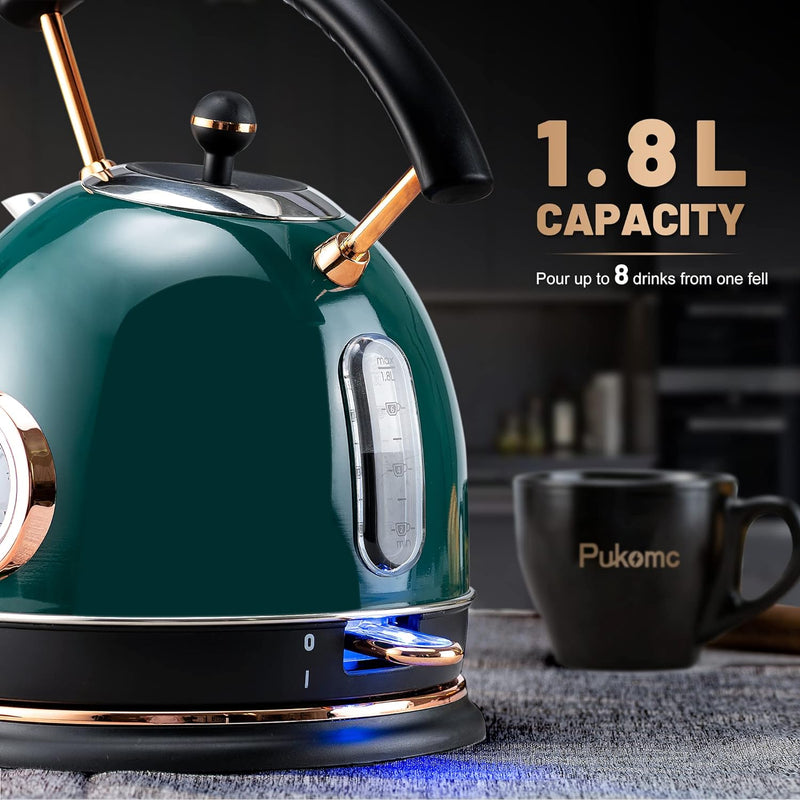 Pukomc 1.8L Electric Water Kettle with Temperature Gauge, Hot Water Boiler & Tea Heater with Curved Handle, Visible Water Level Line, Led Light, Auto Shut-Off&Boil-Dry Protection,Green