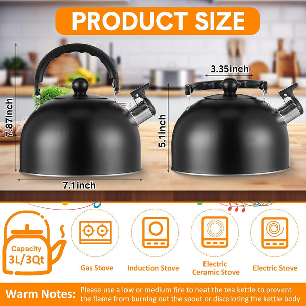 Layhit 2 Pcs Whistling Tea Kettle for Stove Top 3 Quart Stainless Steel Teakettle Teapot Stylish Black Tea Kettle Black Tea Pot Loud Whistle Kettle with Folding Nylon Handle for Kitchen Boiling Water