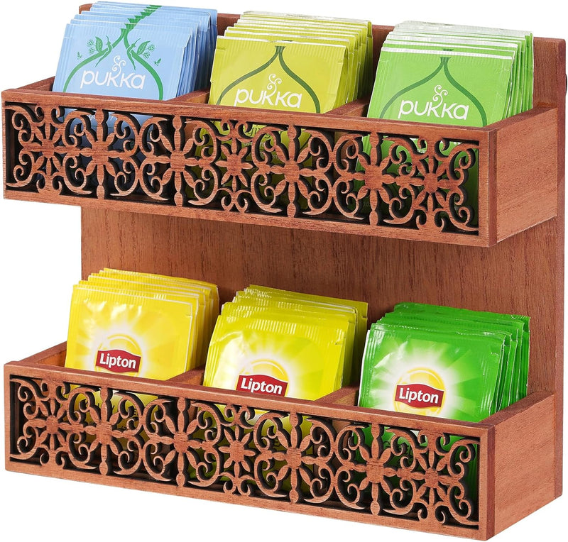 QILICHZ Tea Bag Organizer 2 Tier Wood Tea Bags Holder Wall Mounted Tea Box for Tea Bags Organizer Rustic Tea Chests for Tea Storage Coffee Display for Café, Home, Office