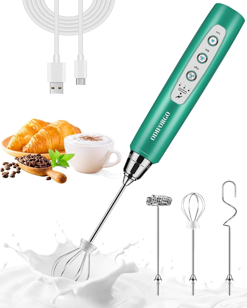 ODIFORGO Rechargeable Milk Frother Handheld, Electric Drink Mixer with 3 Stainless Whisks 3 Speed Adjustable, Coffee Foam Maker, Electric Whisk, Coffee Frother Wand for Latte Matcha Protein Powder