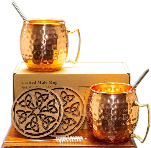 UUTSU Creative Concepts Premium Copper Moscow Mule Mug Set of 2, Premium quality Handcrafted, Hammered, with Wood Coasters, Straws and Straw cleaning brush