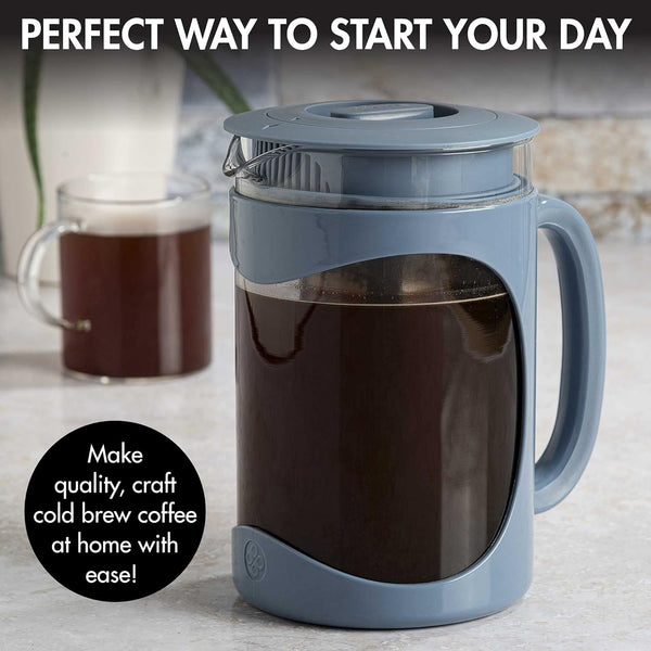 Primula Burke Deluxe Cold Brew Iced Coffee Maker, Comfort Grip Handle, Durable Glass Carafe, Removable Mesh Filter, Perfect 6 Cup Size, Dishwasher Safe, 1.6 qt, Blue