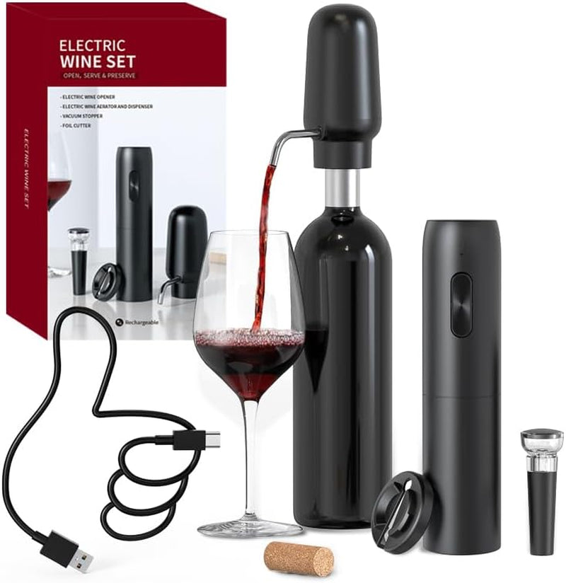 CIRCLE JOY Electric Wine Opener Set 4-in-1 Wine Set with Rechargeable Wine Opener, Rechargeable Wine Aerator Pourer, Foil Cutter and Vacuum Wine Stopper, Gift Set for Wine Lovers, Black