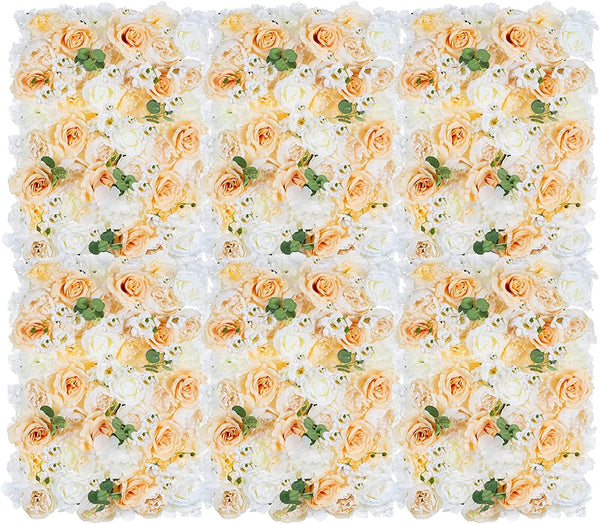 Flower Wall Panels Backdrop Décor:  6 Pcs Champagne&White Artificial Floral Backdrop for Wedding Party Baby Bridal Shower, 24"X16" Hanging 3D Fake Rose Wall Decoration, Silk Faux Roses Flower