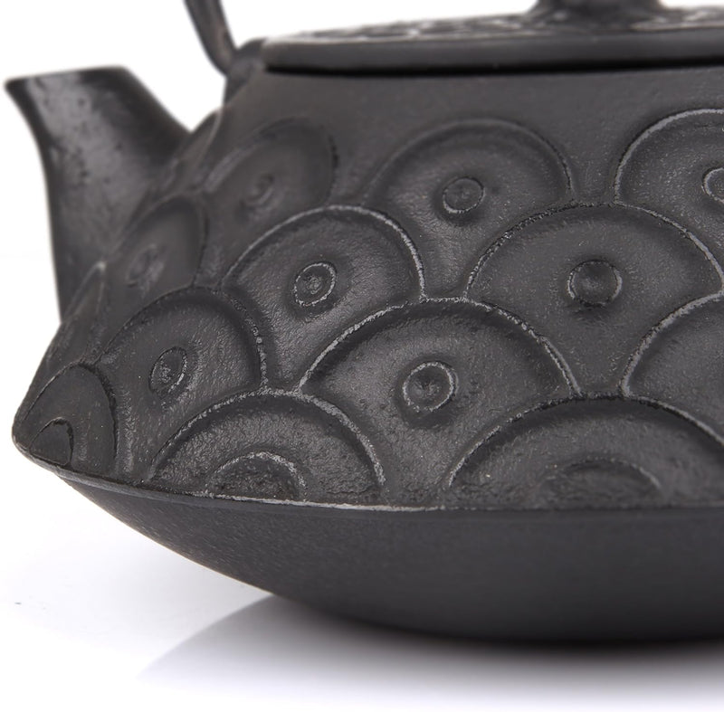 6 Piece Set Black Japanese Cast Iron Teapot(28 oz /800 ml) with 4 Tea Cups (2 oz each), Leaf Tea Infuser and Trivet.