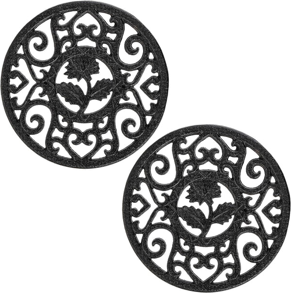 Coloch 2 Pack Cast Iron Trivet with Pegs, 4.6 Inch Round Metal Trivet with Vintage Patterns Rustproof Hot Pot Holder Pads for Serving Hot Dishes, Pans, Pots, Tea Pots, for Kitchen Counter Top, Black