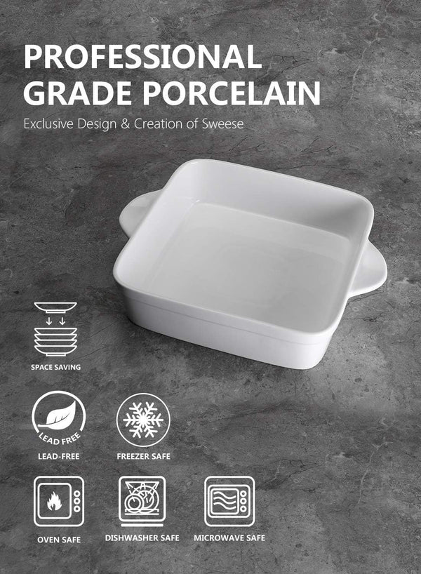 Square Porcelain Baking Dish with Double Handles - Non-Stick Pan for Baking and Roasting