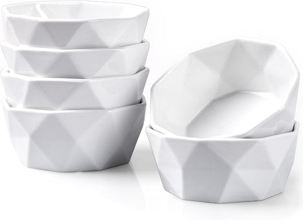 Porcelain Ramekins Set of 6 - White Geometric Bowls for Baking and Serving 8 oz Capacity