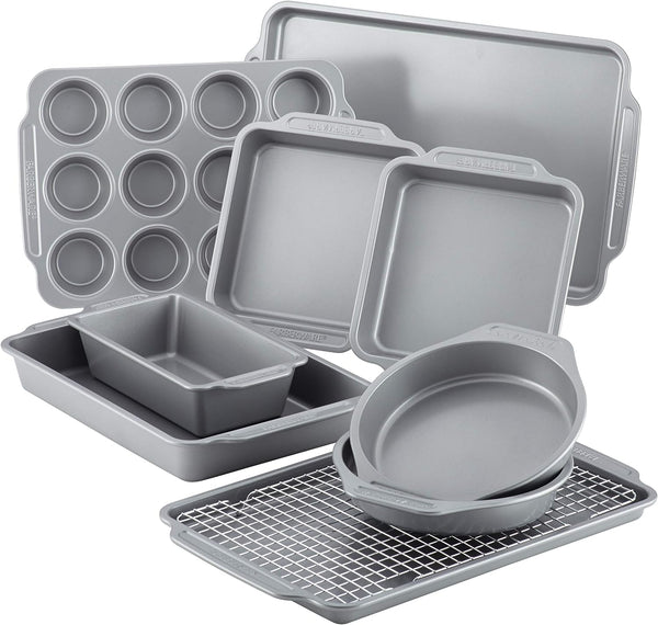 Farberware Nonstick Steel Bakeware Set - 10-Piece with Cooling Rack Gray
