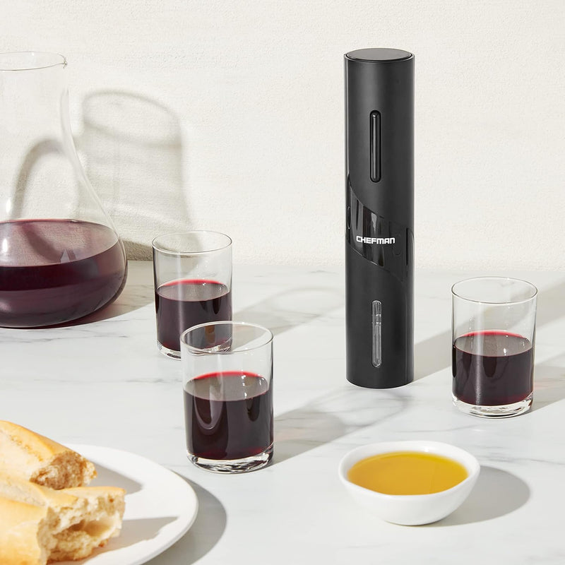 Chefman Electric Wine Opener Makes Opening Bottles Fast, Foolproof, And Fun! Black, Battery-Operated 4-Piece Corkscrew Set Comes With A Foil Cutter, Pourer, And Vacuum Stopper