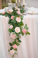 Artificial Rose Flower Runner Rustic Flower Garland Floral Arrangements Wedding Ceremony Backdrop Arch Flowers Table Centerpieces Decorations (5FT Long, Blush Pink Roses)