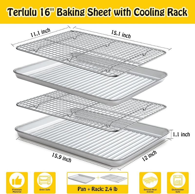 Terlulu Baking Sheet Set - Stainless Steel 2 Pans  2 Racks 16 with Cooling Rack