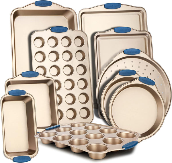 NutriChef 10-Piece Nonstick Bakeware Set with Silicone Handles and Gold Accents