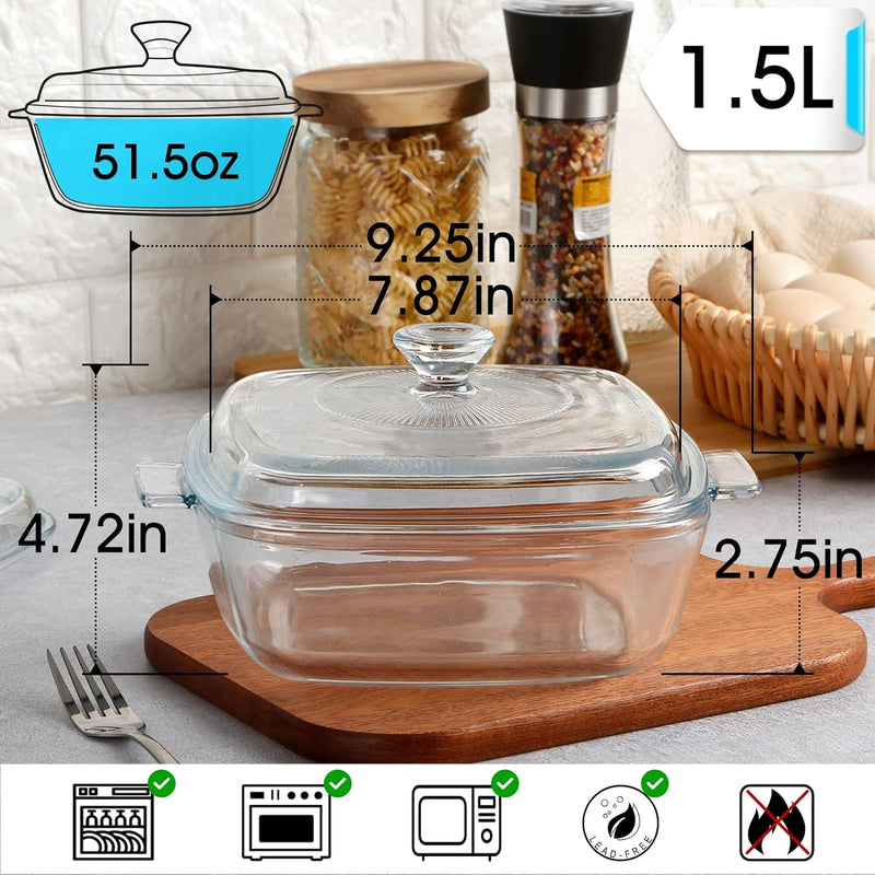 Glass Square Casserole Dish with Lid - Oven and Microwave Safe 08L