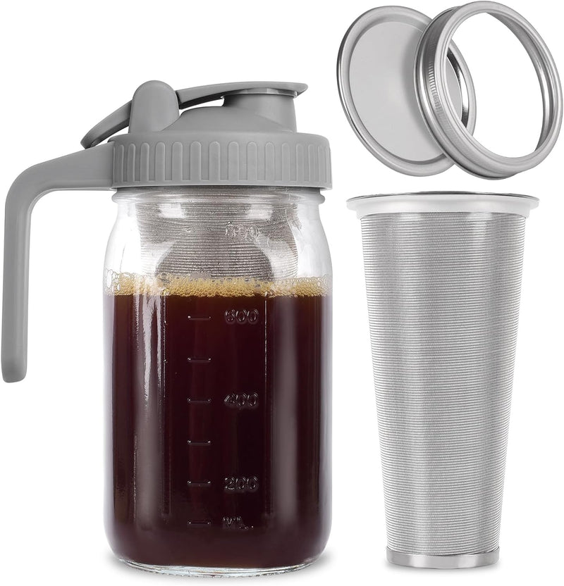 Cold Brew Mason Jar iced Coffee Maker, Durable Glass, - 64 oz (2 Quart / 1.9 Liter), With Handle& Stainless Steel Filter for Iced Brew Coffee, Lemonade, Ice Tea, Homemade Fruit Drinks Container