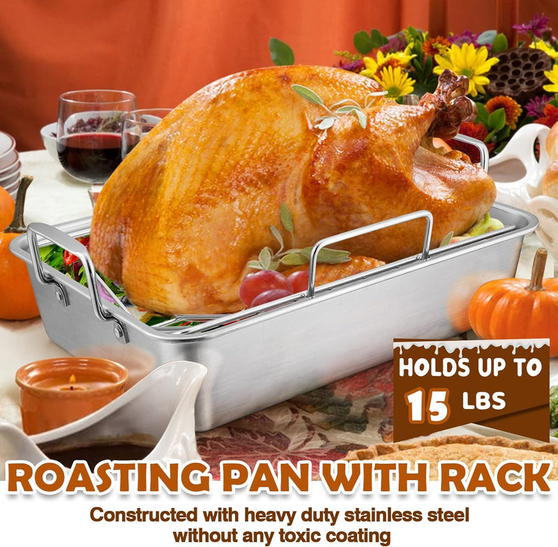 Joyfair 14-inch Stainless Steel Roasting Pan with Rack - Turkey  Chicken Meat Baking Dish - Lasagna Pan with Riveted Handle