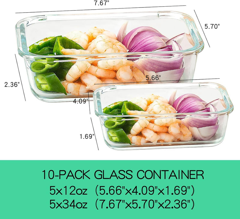 10-Pack UMEIED Glass Food Storage Containers - Leakproof Airtight Meal Prep Containers for Lunch On the Go Leftovers - Dishwasher Safe