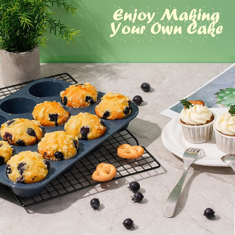 Vnray Silicone Muffin Baking Pan 2-Pack - Nonstick 12 Cup Cake Molds Grey BPA Free