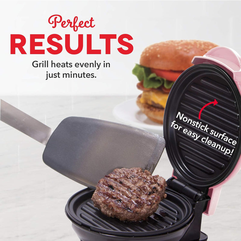 Dash Mini Grill  Panini Press - Portable Gourmet Burgers Sandwiches Chicken - Pink with Recipe Guide