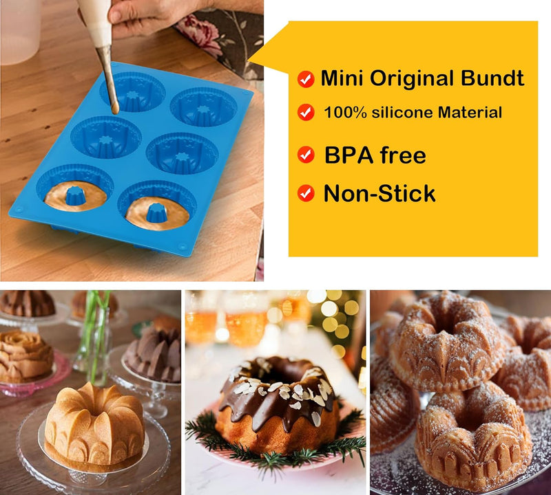 3PCS Mini Bundt Cake Pan Non-Stick Silicone Mold for Fluted Tube Cakes