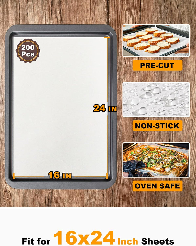 SMARTAKE 200 Pcs Parchment Paper Baking Sheets 12x16 Inch Non-Stick - Suitable for Baking Grilling Air Fryer Steaming and More