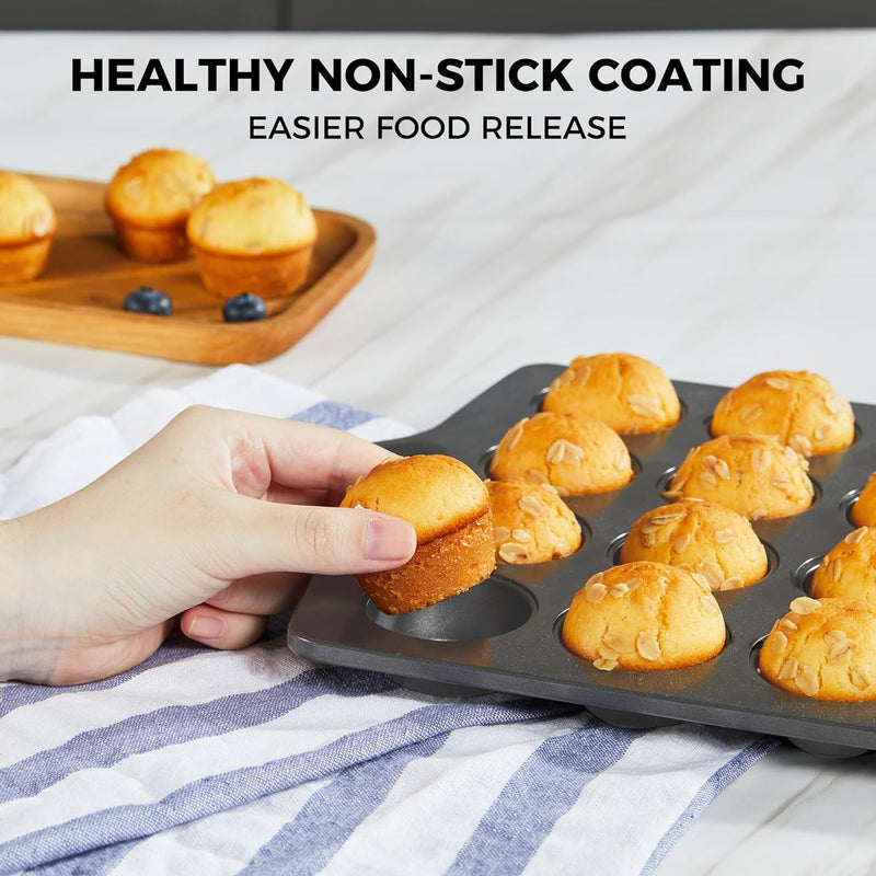 HONGBAKE Nonstick Muffin Pan - 12 Cup 2 Pack - Dark Grey