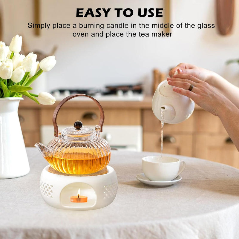 Ceramic Teapot Heating Base, Ceramic Teapot Heater Teapot Warmer Base with Cork Cushion, Hollow Heating Base Ceramic Teapot Warmer Suitable for Teapot Mugs & Other Heatproof Dish Warming Use(White)