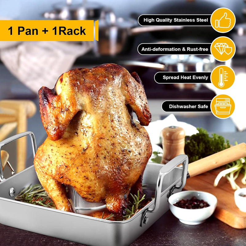 9-inch Beer Can Chicken Roaster with 2 Pans and Racks - Stainless Steel