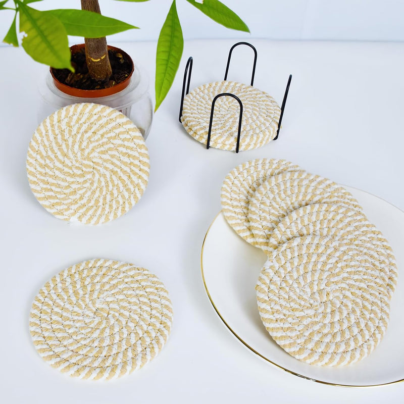 Cotton Woven Drink Coaster Set with Holder - Minimalist Home Decor for Wooden Tabletop Protection